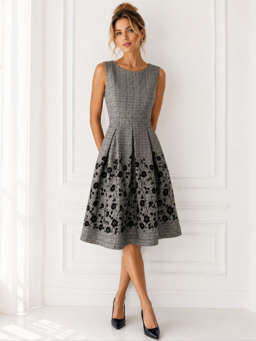 Liz Claiborne Plaid Embroidered Floral Fit & Flare Midi Dress Size 0